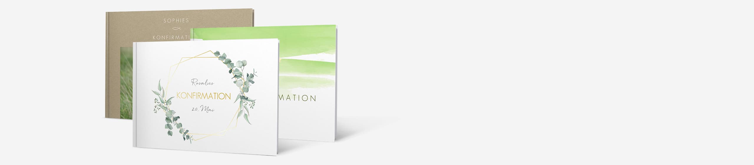 Drei Gästebücher zur Konfirmation in unterschiedlichen Designs