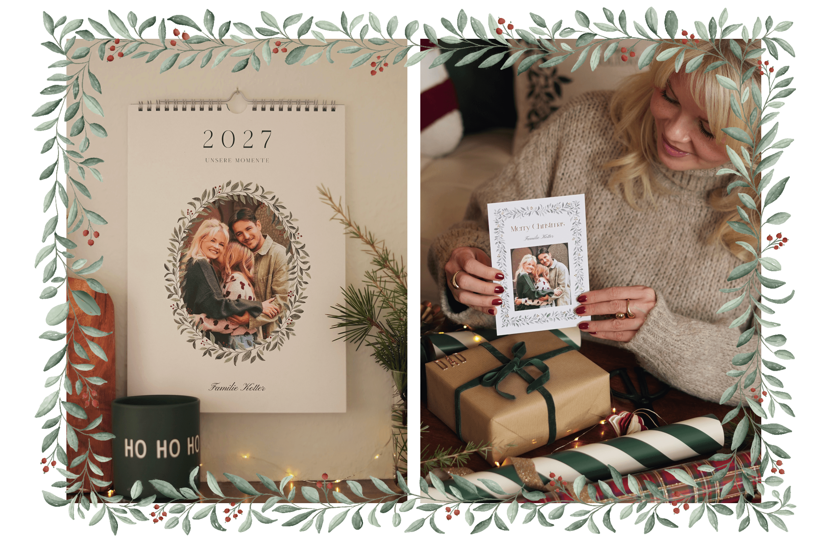 Marry Kotter mit Wandkalender und Weihnachtskarten der Kollektion Evergreen Season