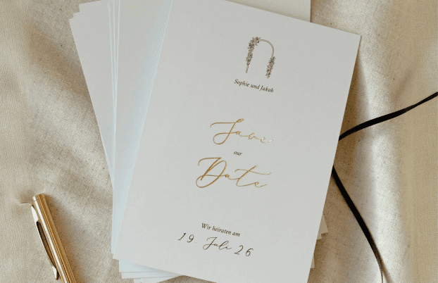 Zwei aufgestellte Save-The-Date Karten mit verschiedener Veredelung