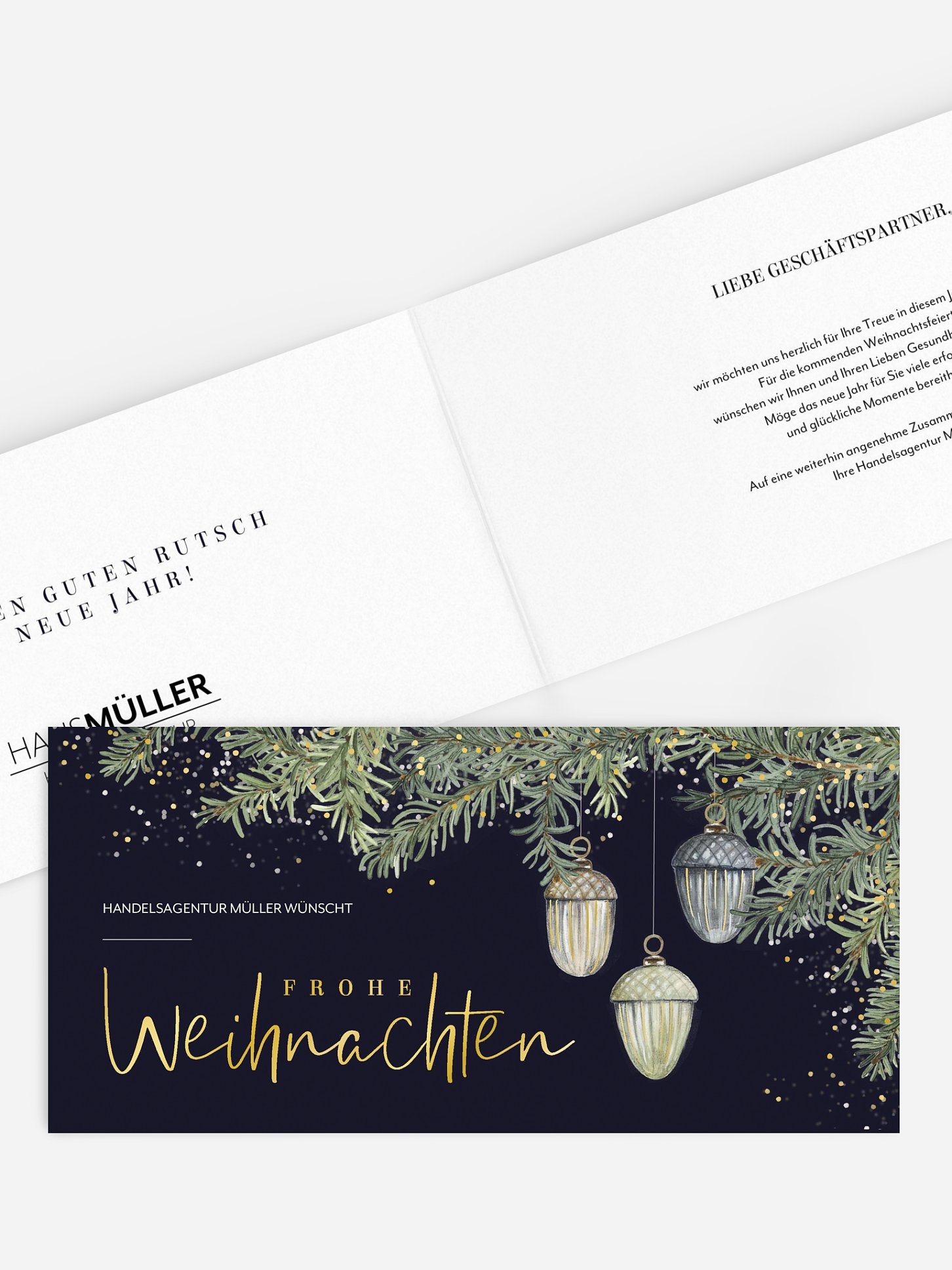 Geschäftliche Weihnachtskarte Tannenschmuck