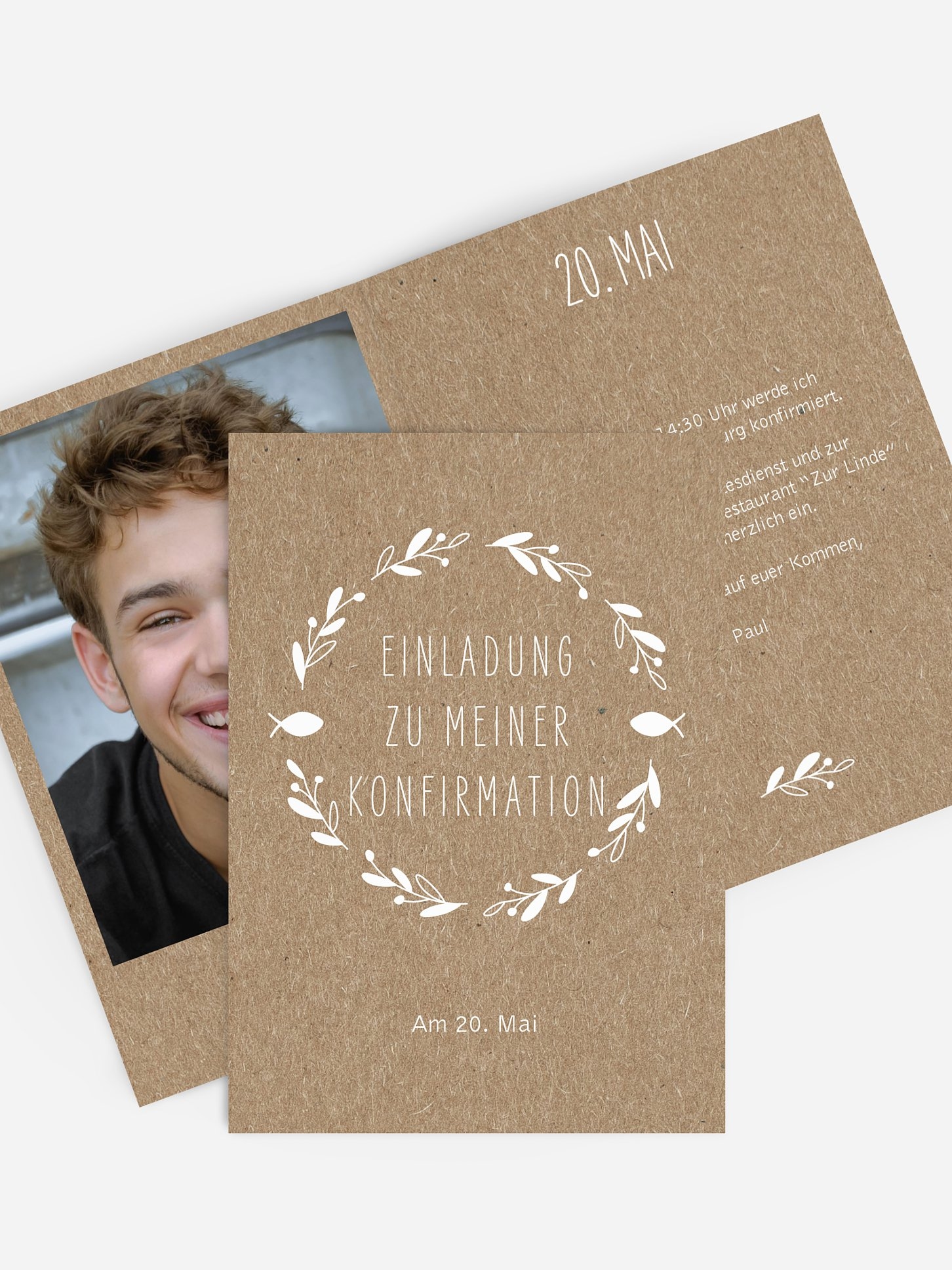 Konfirmationseinladung Floral Wreath Kraftpapier