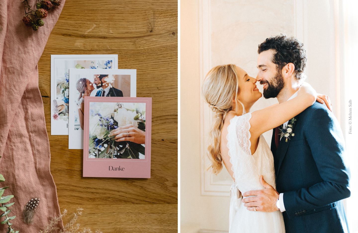 Polaroid als Dankeskarte. Hochzeitspaar, das sich küsst.