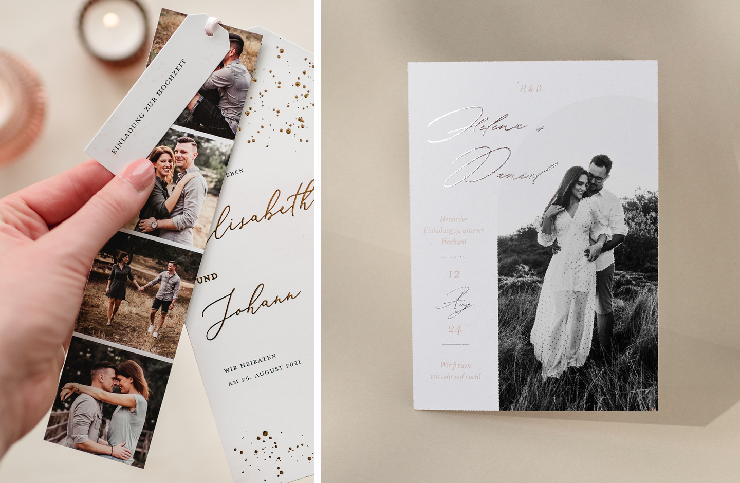 Collage aus Hochzeitseinladungen mit Fotos