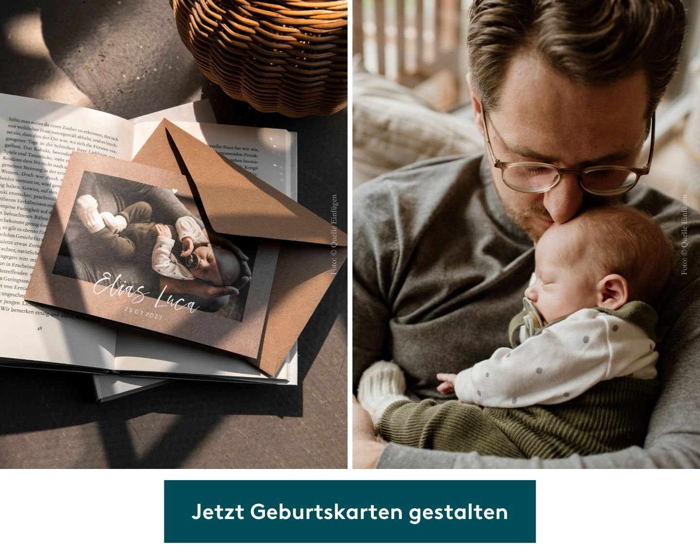Collage: Geburtskarten und Vater mit seinem Baby