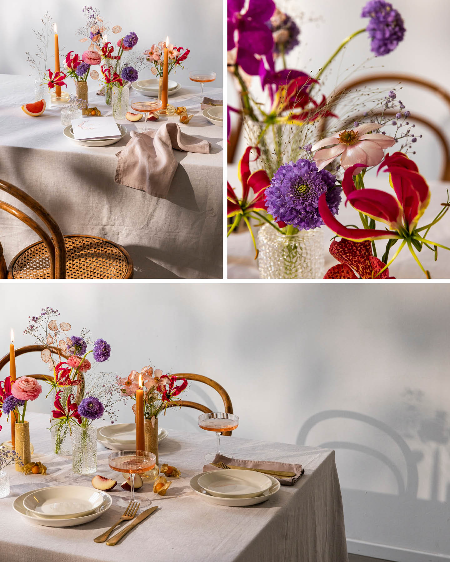 Eine farbenfrohe Tischdeko mit Blumen.