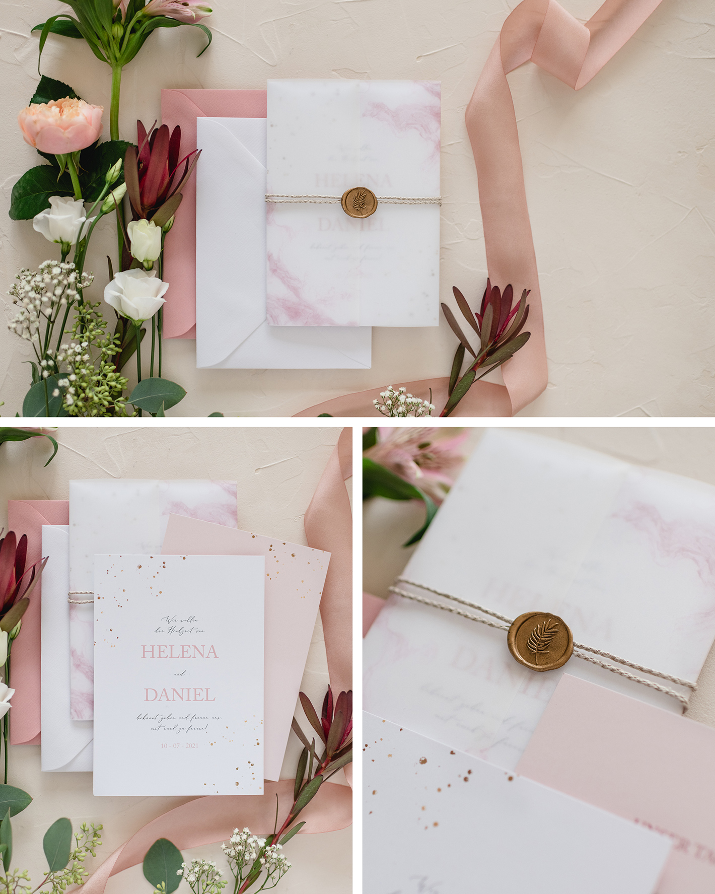 Weiße Karte ist mit Transparentpapier umwickelt und wird mit einem goldenen Siegel zusammengehalten als Hochzeitseinladung.