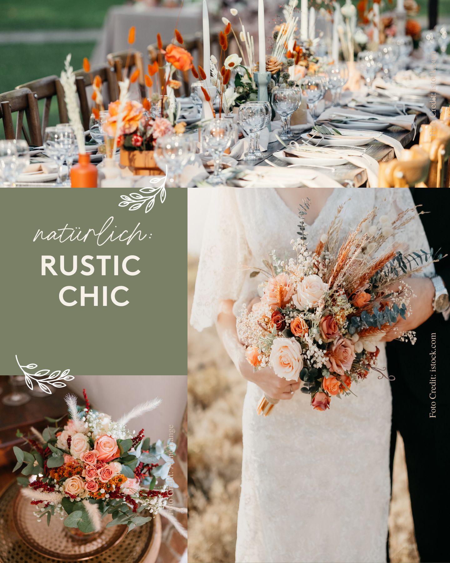 Hochzeitstrend Rustic Chic: Collage verschiedener Blumenarrangements