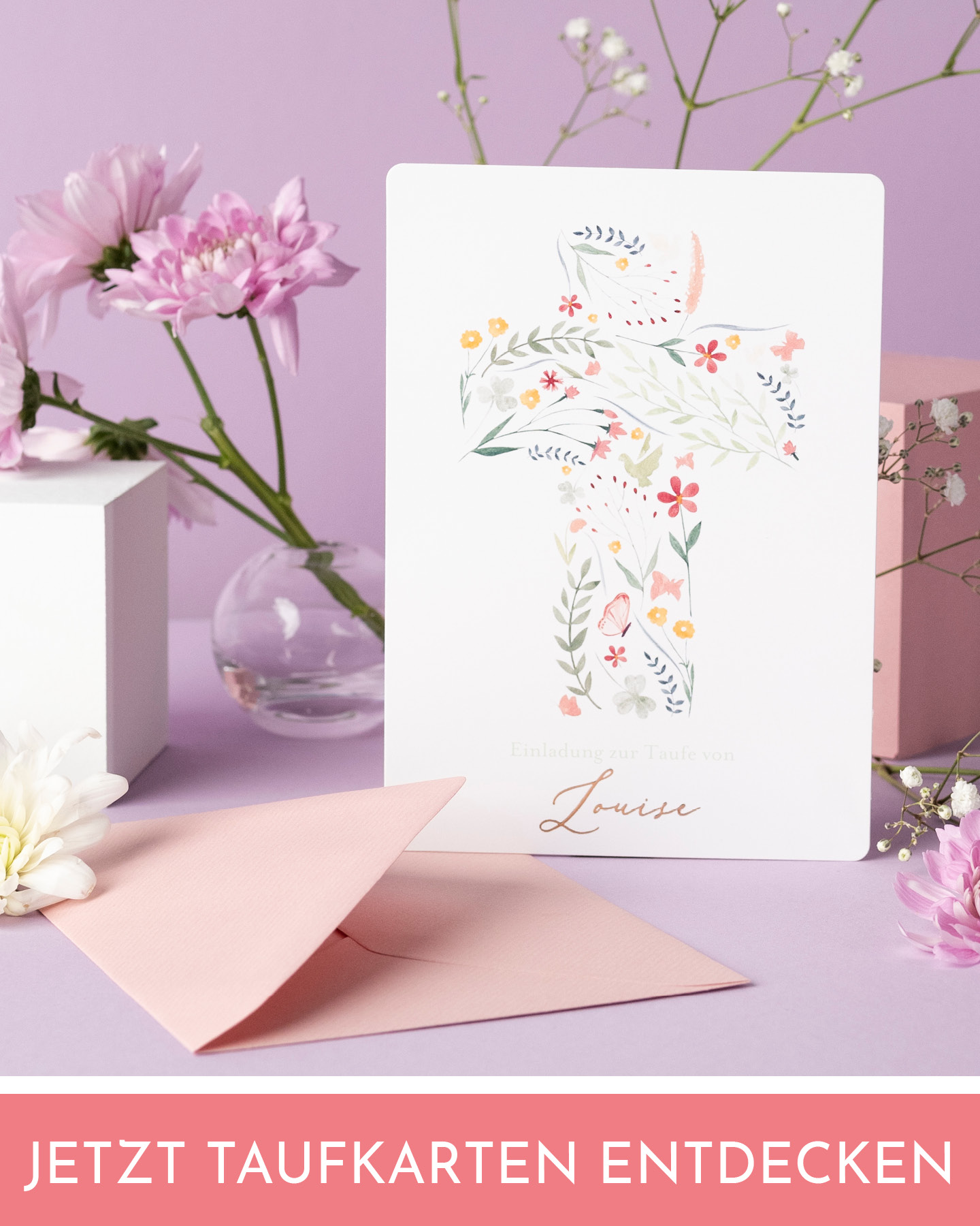 Einladungskarte zur Frühlingstaufe mit sKreuz aus kleinen Blüten