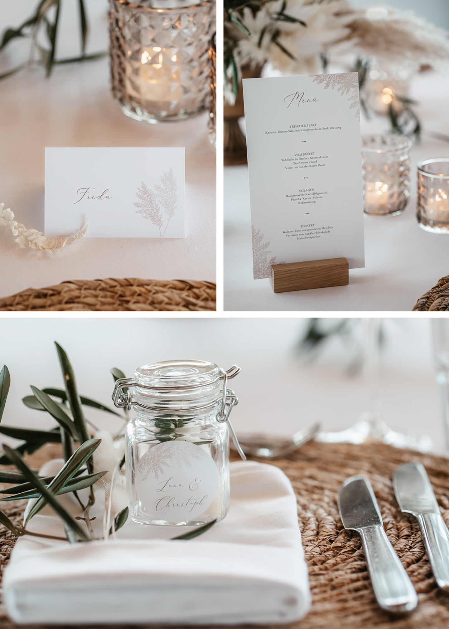Die Hochzeitspapeterie auf dem Tisch besteht nicht nur aus der Menükarte sondern auch aus kleinen Tischkärtchen und Aufklebern auf den Gastgeschenken.
