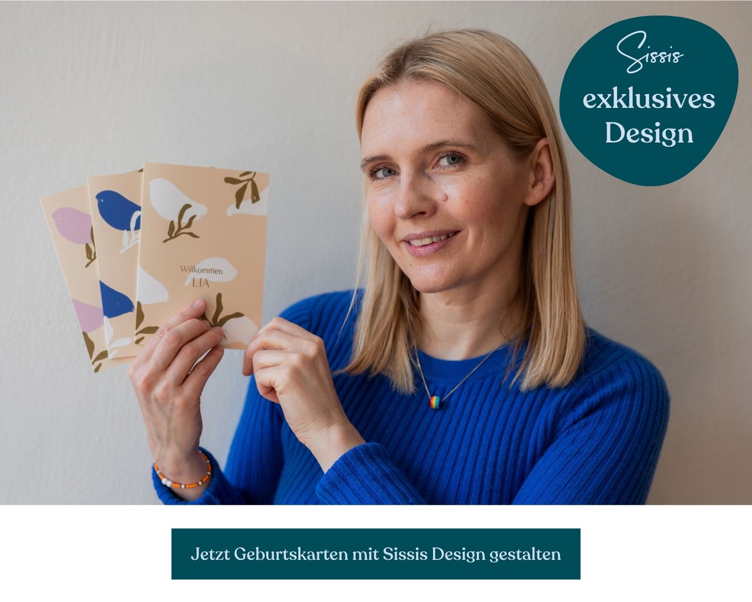 HEbamme Sissi Rasche mit 3 Geburtskarten in ihrem Design