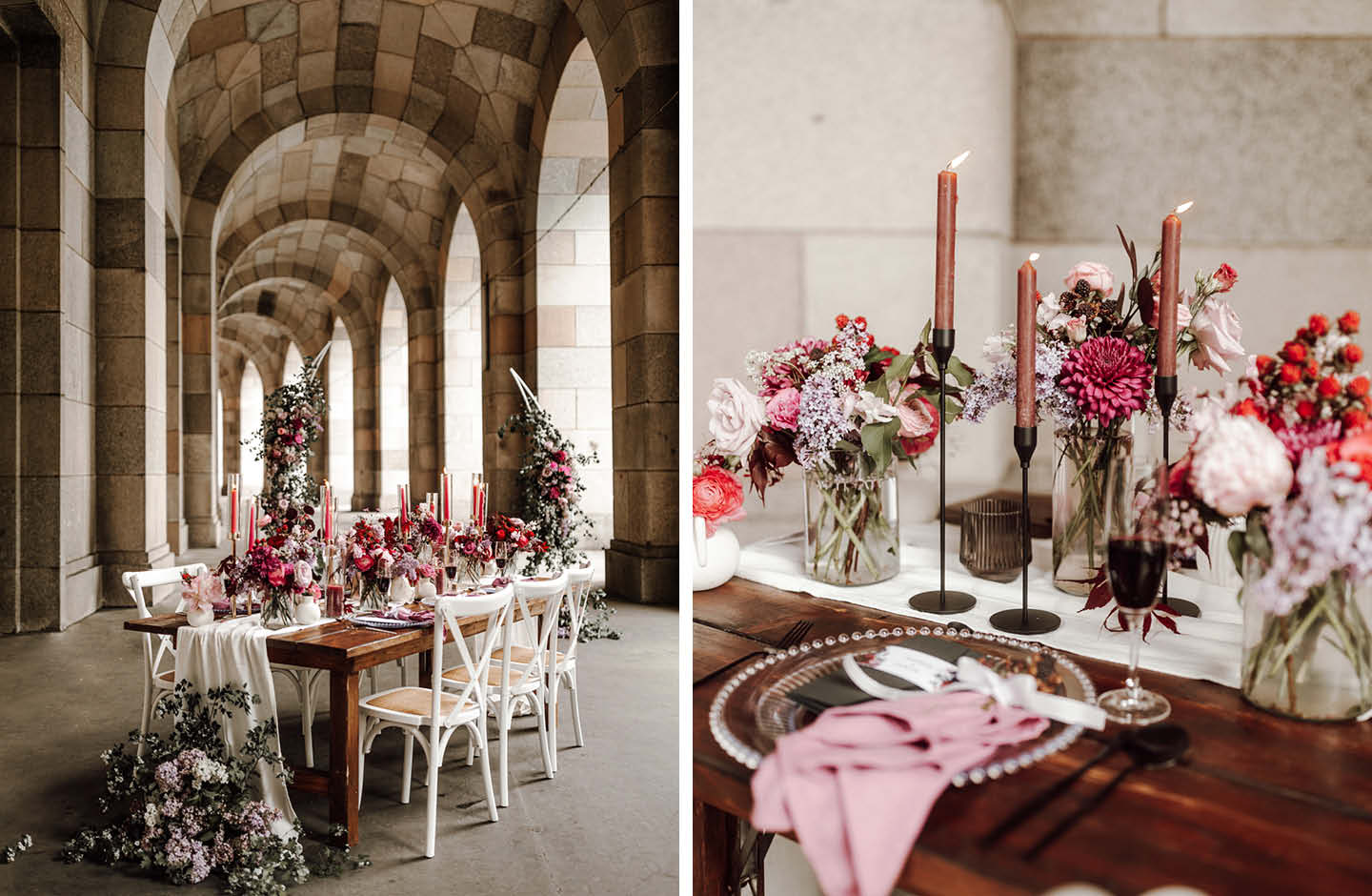 Collage Hochzeitstisch mit Blumendeko