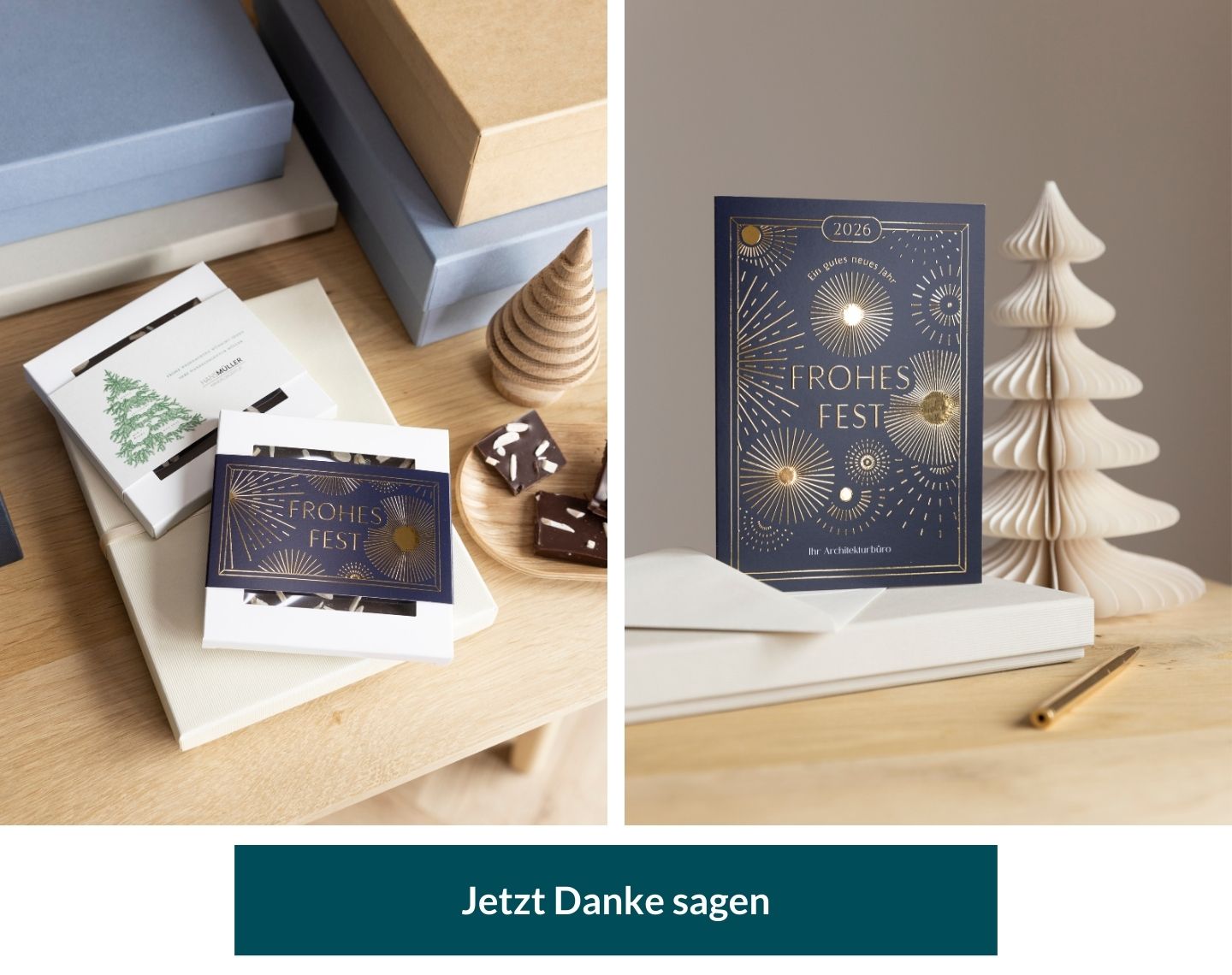 Schokoboxen und Weihnachtskarte mit Geschenkboxen nd Deko auf Holztisch