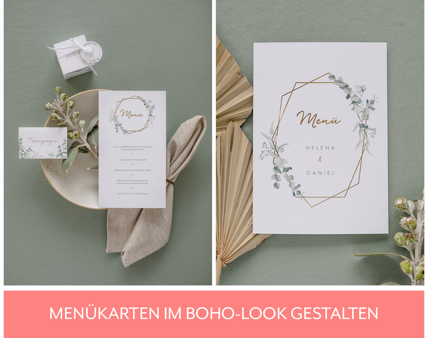 Menükarten und Tischkarten im Boho-Look.