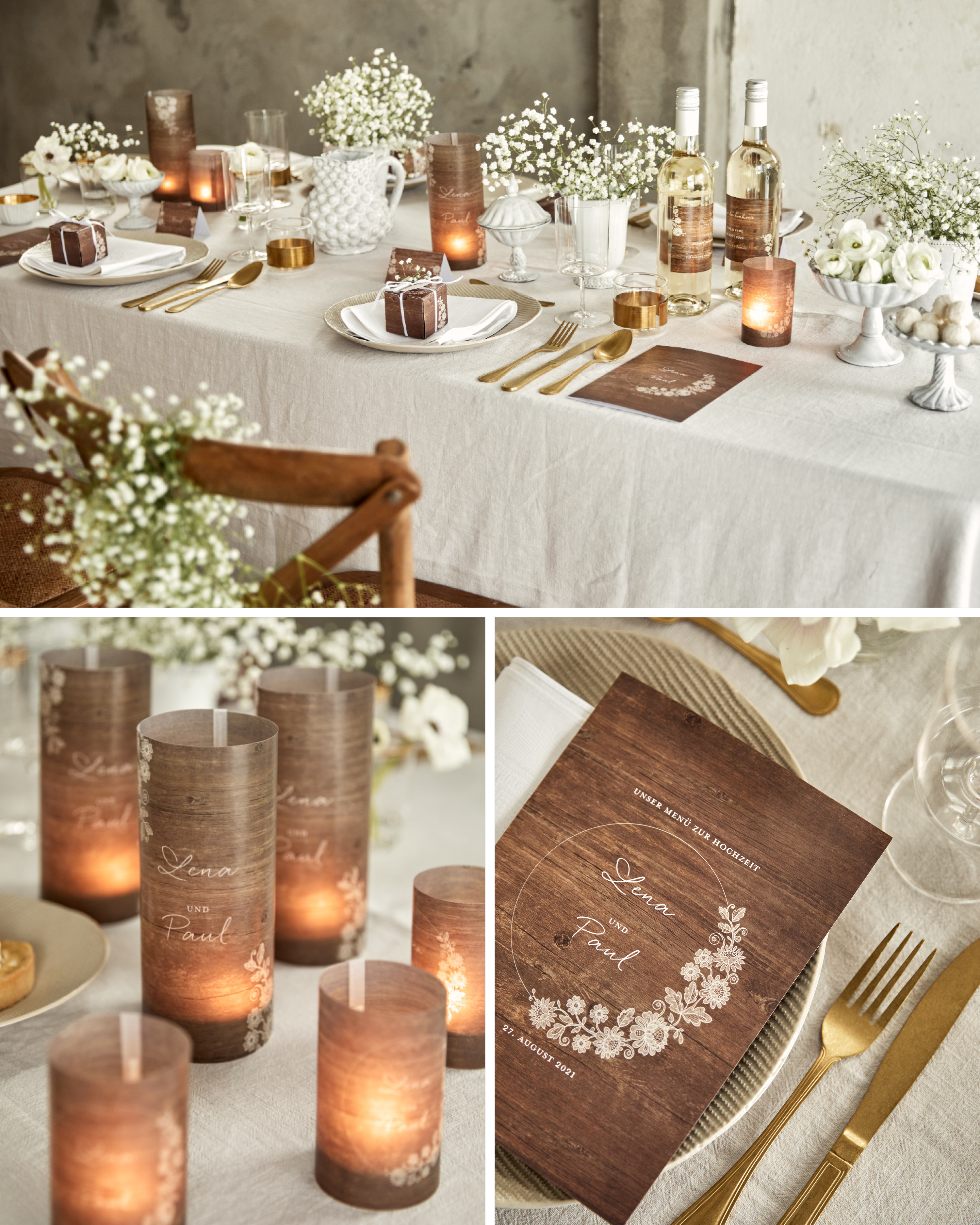 Hochzeitspapeterie in Holzoptik als Tischdeko