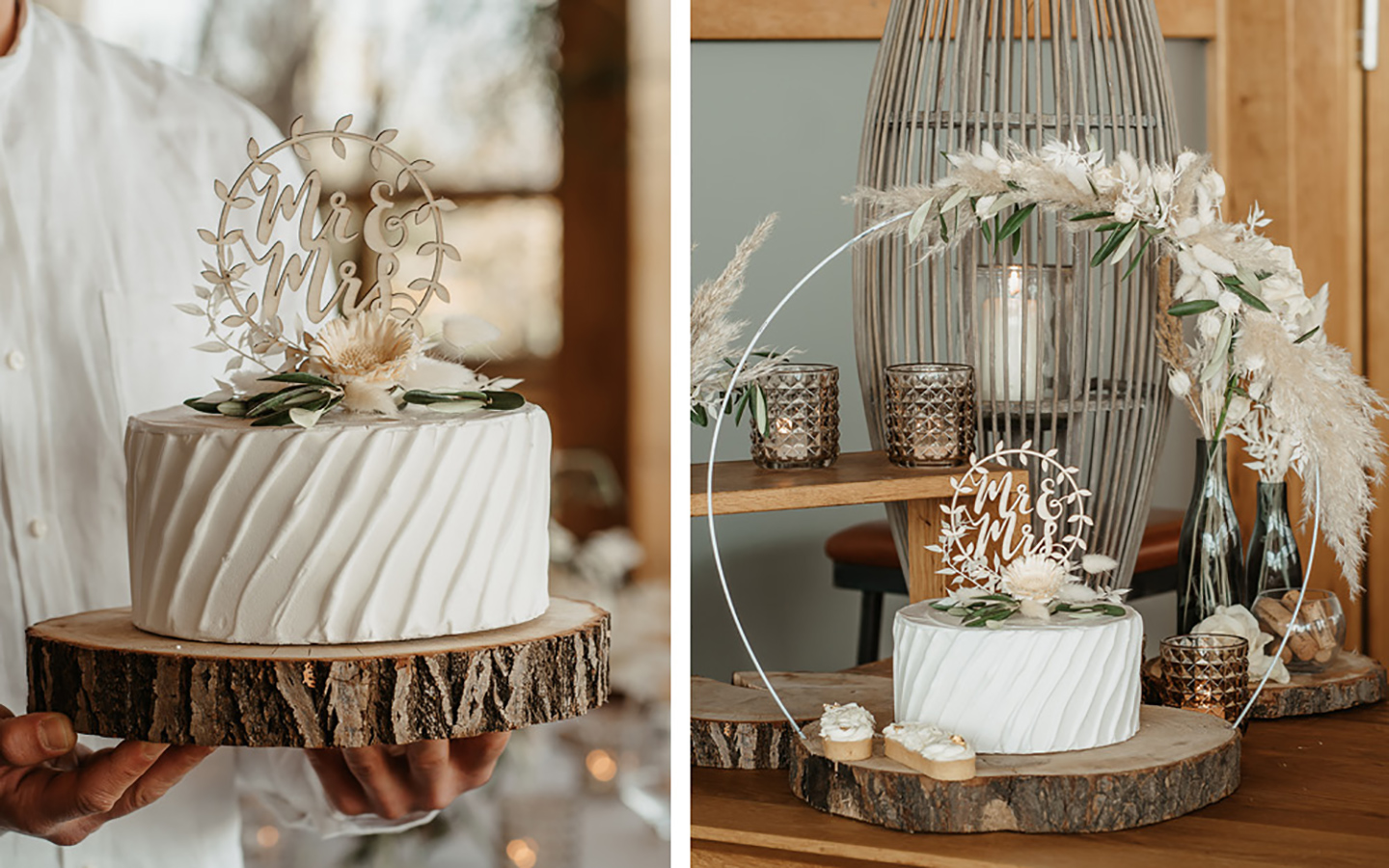 Die Hochzeitstorte wird auf einem Holzstück präsentiert, das aus einem Baumstamm geschnitten wurde. Die Torte ist schlicht weiß, in wellenartiger Form außen verziert und mit Pampasgras und Dekoelementen verziert.