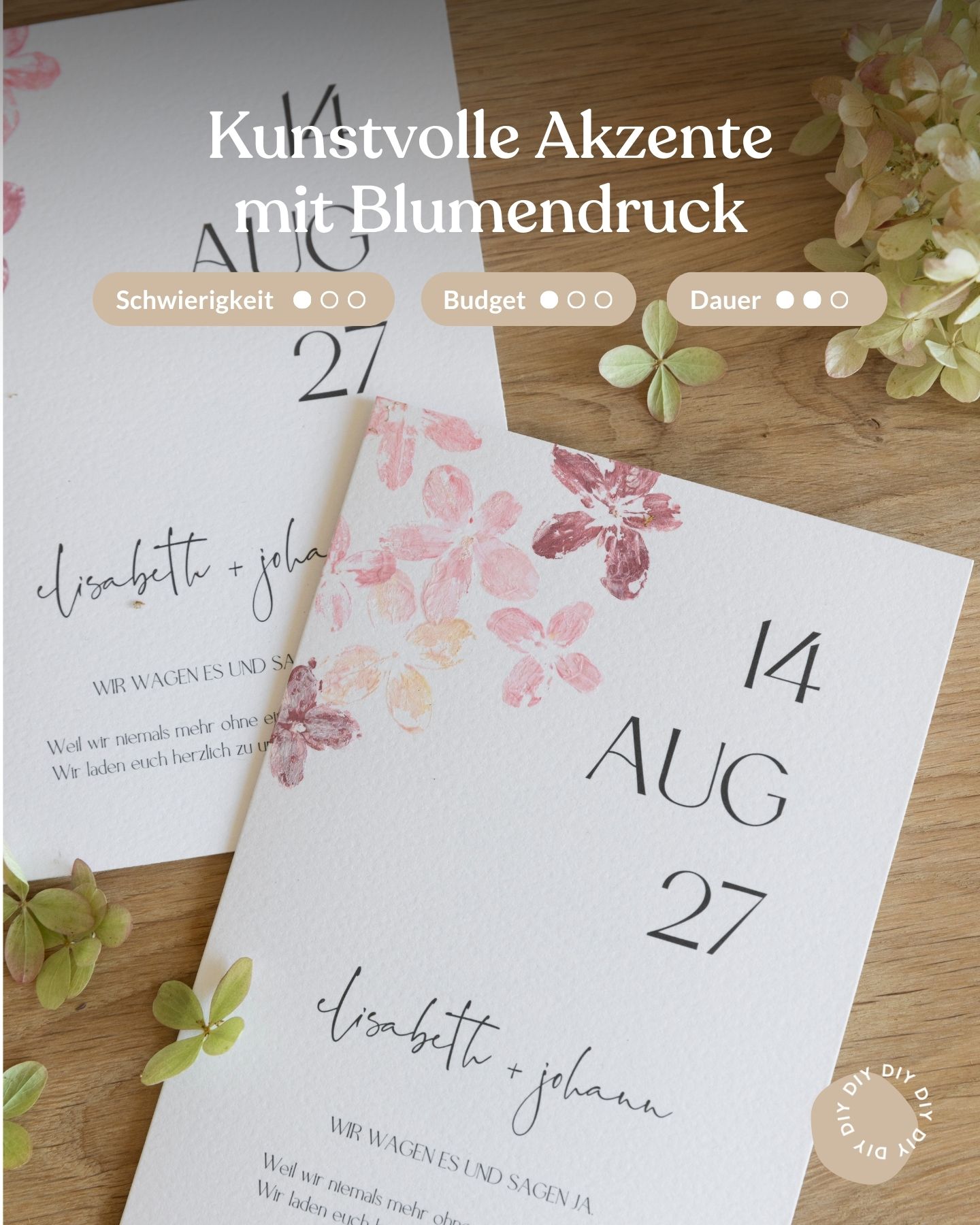 Hochzeitseinladung mit Hortensien und Acrylfarbe selber bedrucken. 