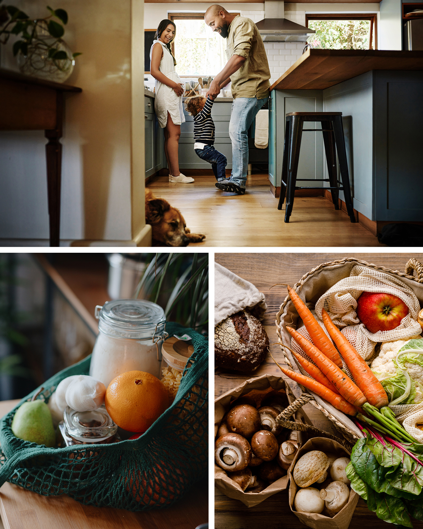 Nachhaltigkeit als Familie in der Küche: Familie hat Spaß in der Küche, Obst und Gemüse liegen ohne Plastik auf einem Holztisch.