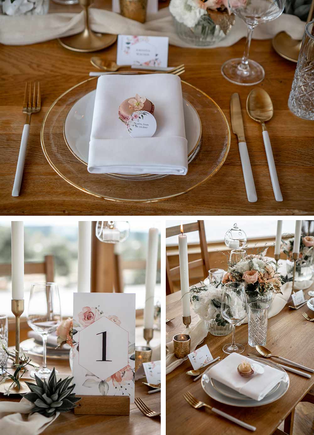 Tischnummer, Namenskarte und Gastgeschenk zeigen jedem Gast stilvoll seinen Sitzplatz.