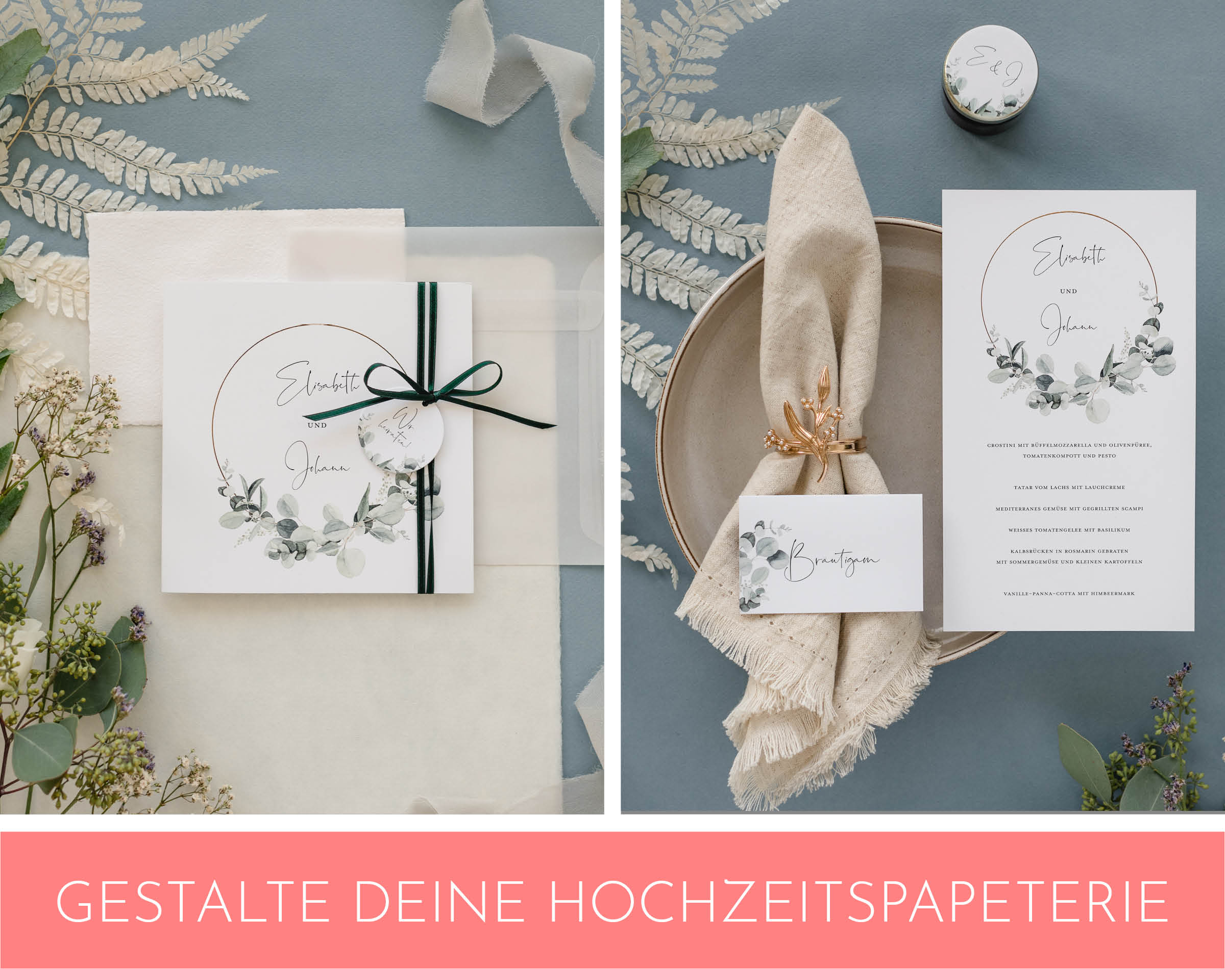 Hochzeitspapeterie mit Eukalyptus Verzierungen.