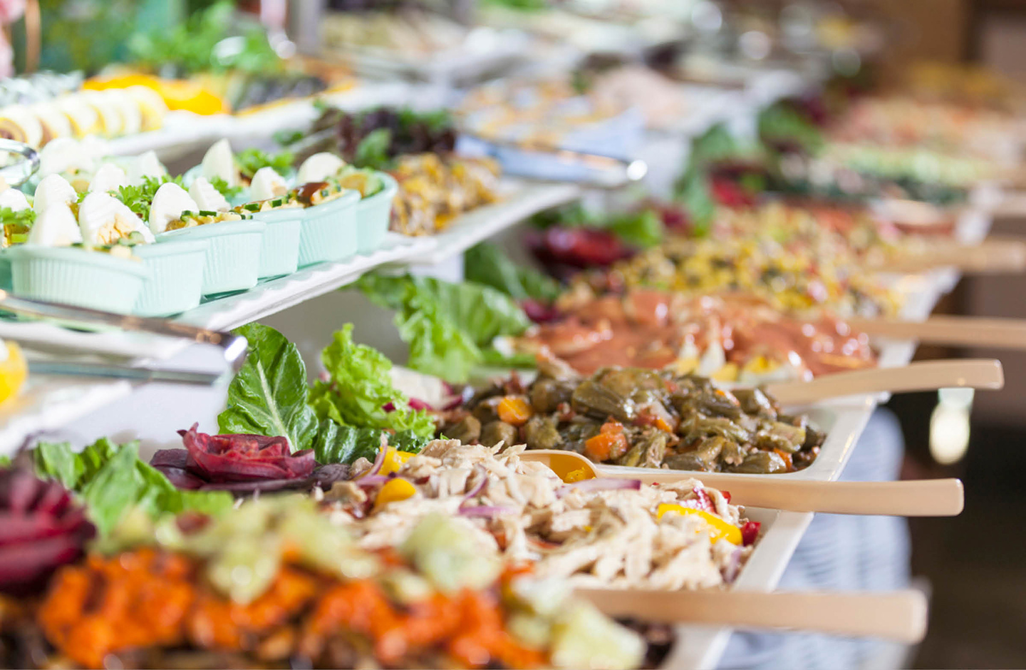 Üppiges Hochzeitsbuffet mit einer großen Auswahl verschiedener Gerichte.