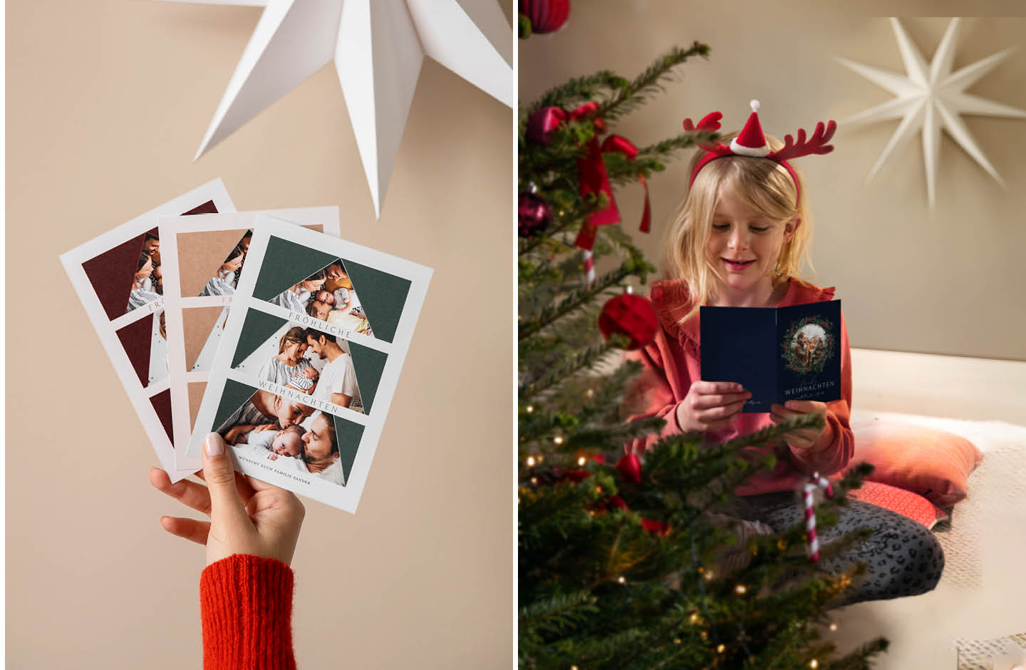 Weihnachtskarten werden in einer Hand gehalten. Mädchen in rotem Pullover liest Weihnachtskarte.