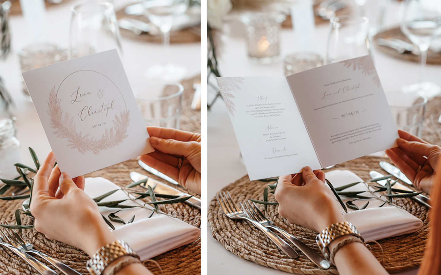 Die Hochzeitseinladung ist weiß und wird mit einem goldenen Bogen und Pampaswedeln geschmückt, die handgezeichnet sind. Die Namen des Paares stehen in dem Bogen. Man sieht die Karte zugeklappt und aufgeklappt.