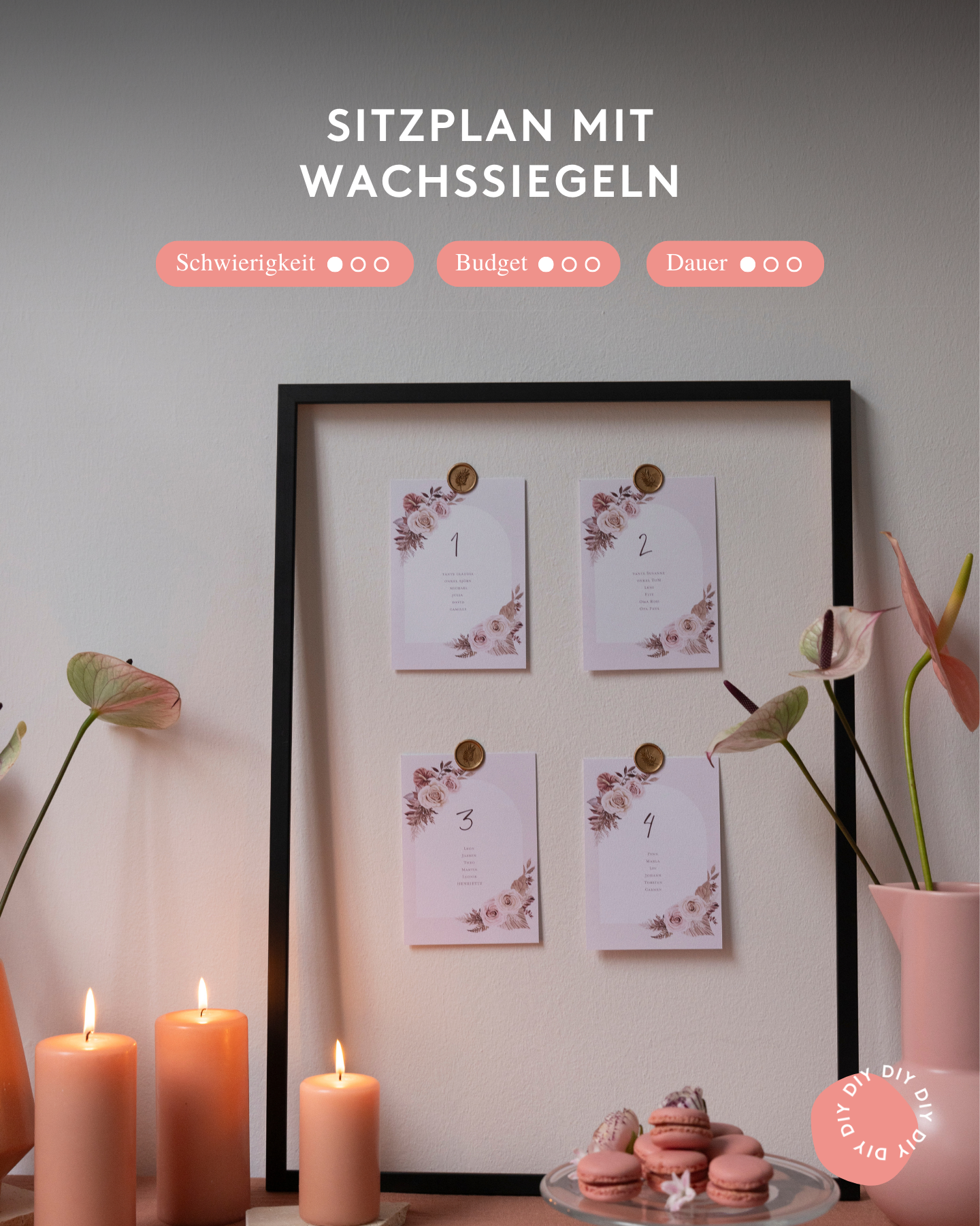 DIY Sitzplan mit Wachssiegel im Bilderrahmen dekorieren.