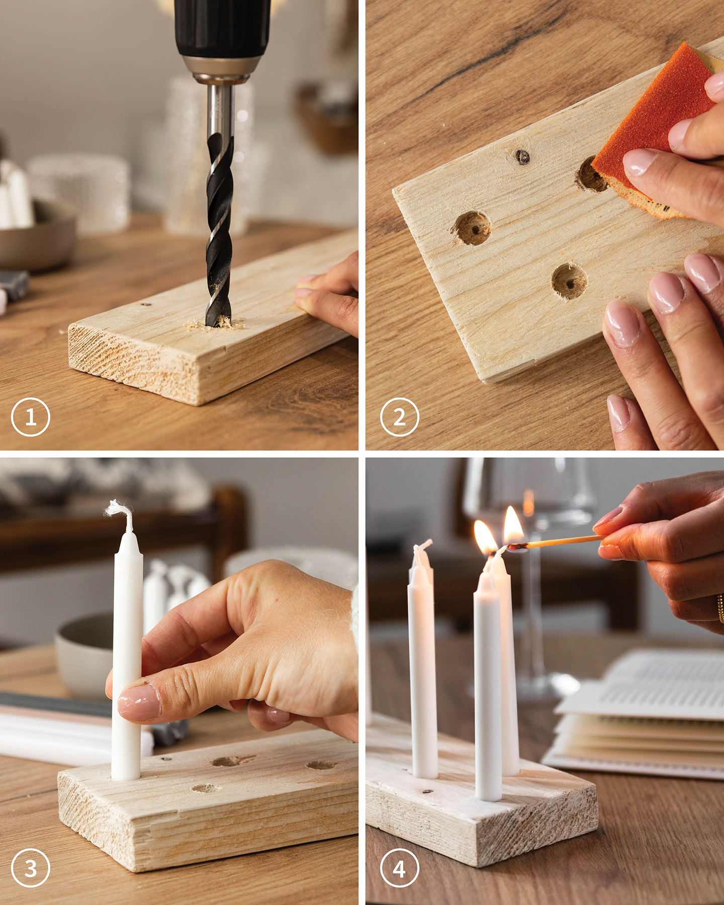 Schritt-für-Schritt-Anleitung für ein selbst gemachtes Candle Board. Löcher werden mit einer Bohrmaschine hineingebohrt. Dann wird das Board bestückt. 