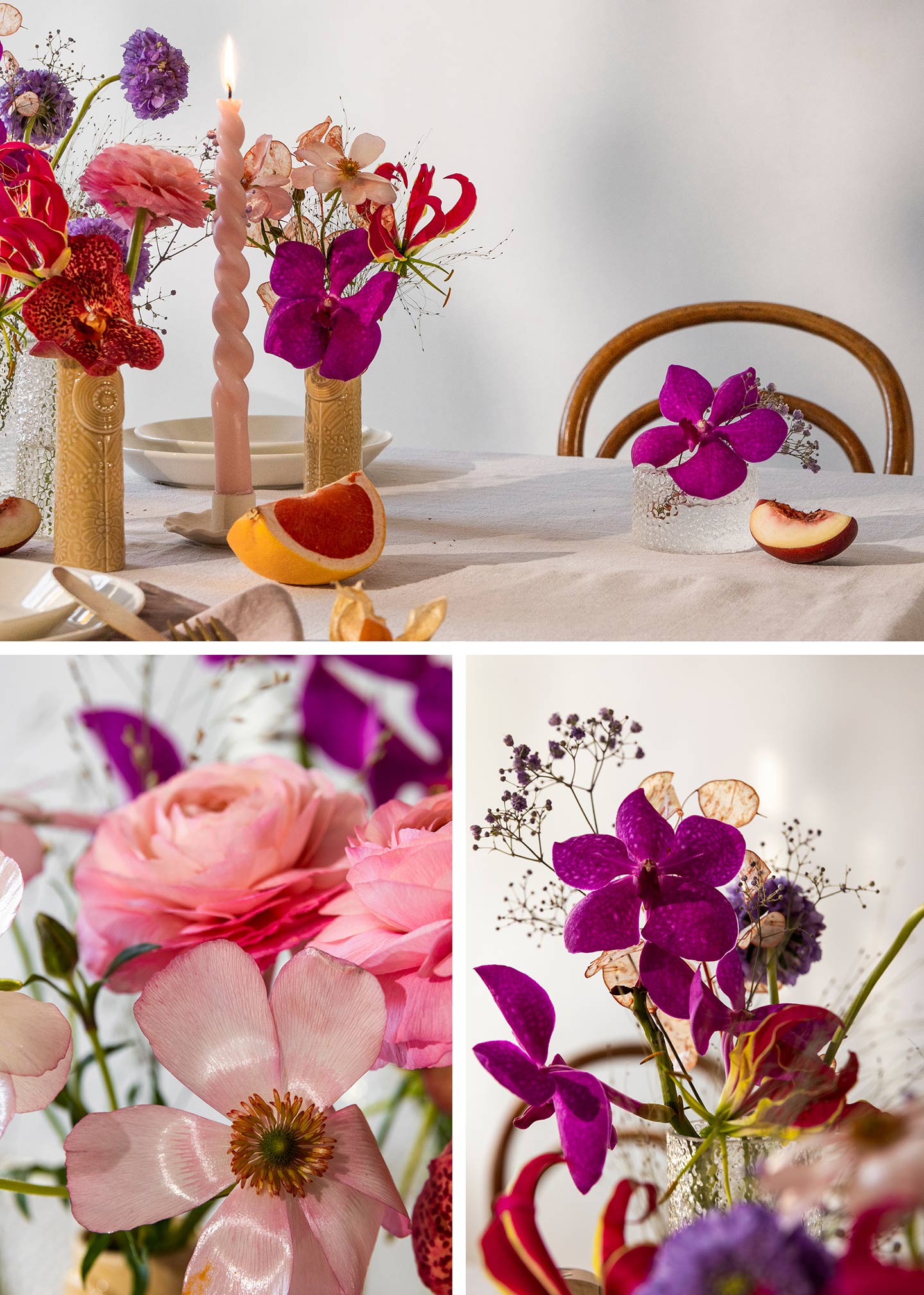 Bunte Blumen in Lila- und Rosatönen auf dem dekorierten Hochzeitstisch
