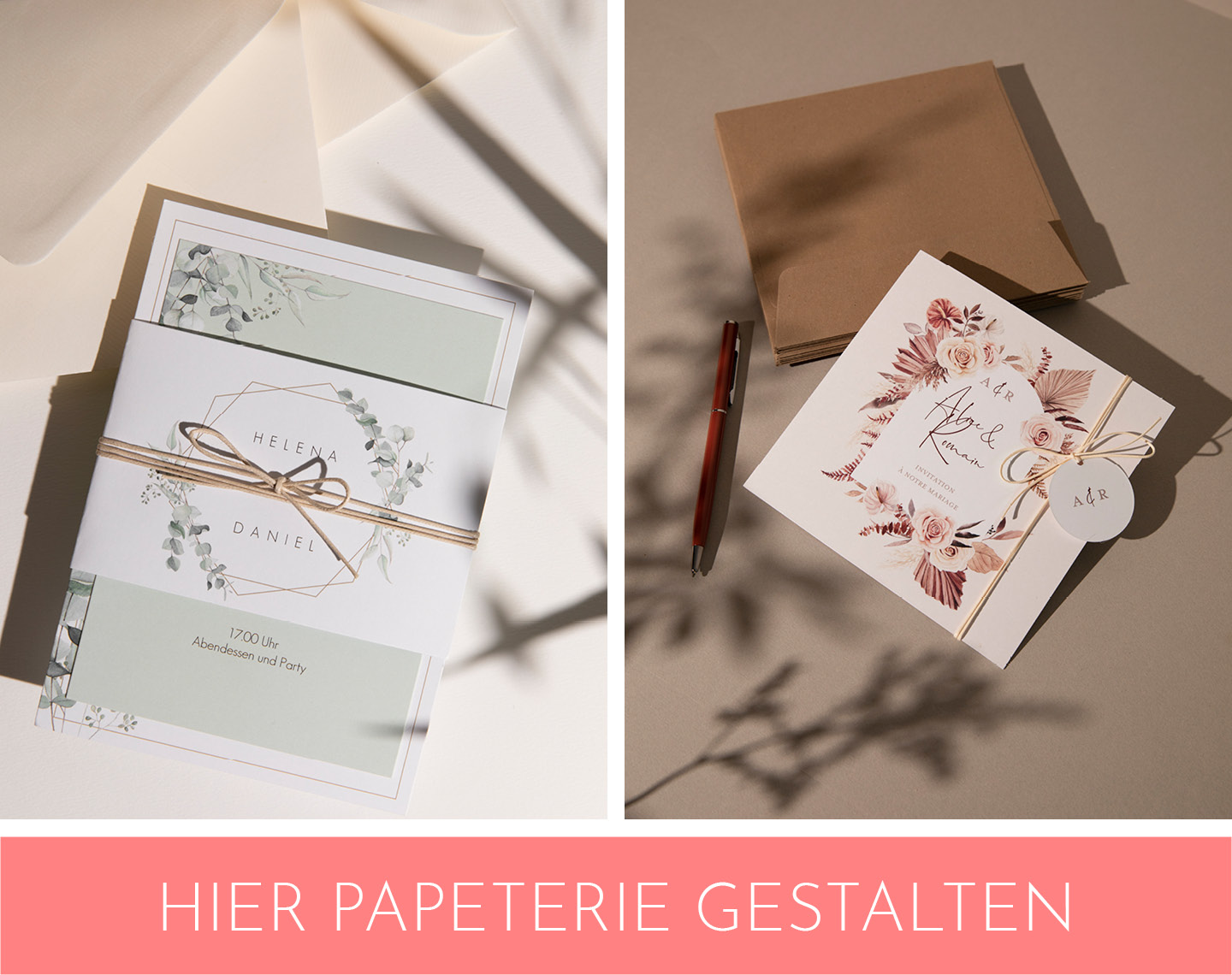 Hochzeitsdeko Trends 2021 Karten im Greenery und Boho Style