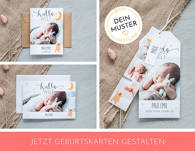 Geburtskarte mit Handlettering und Platz für Babys erstes Foto.