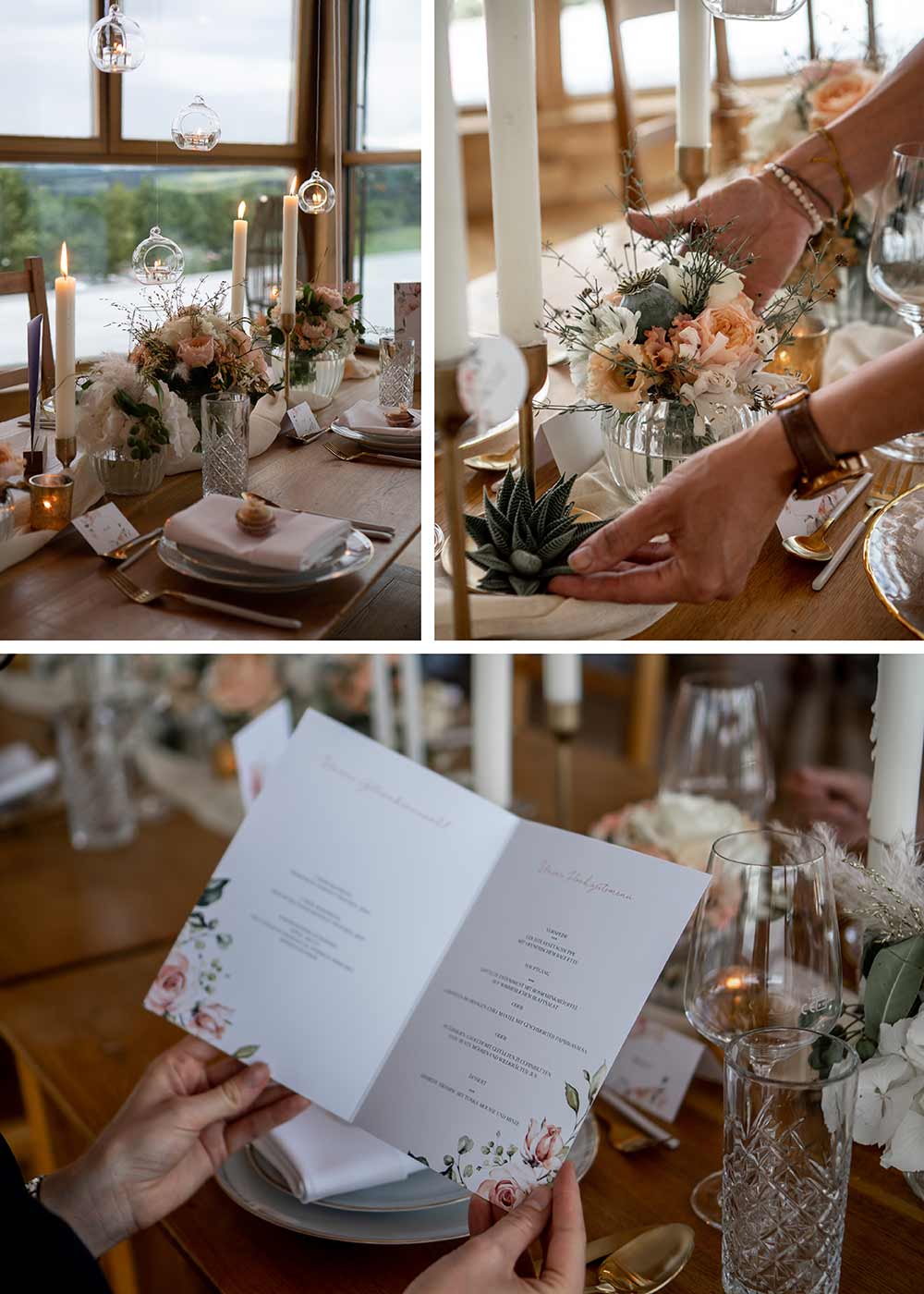 Das personalisierte Hochzeitsmenü zeigt den Gästen, welche Speisen sie erwarten. 