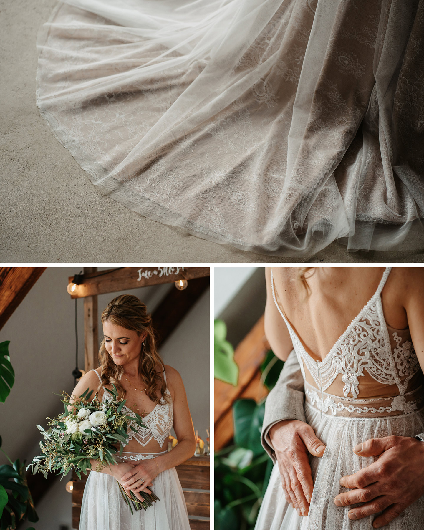 Die Braut trägt ein bodenlanges Kleid aus creme farbiger Spitze und einem tiefen Rückenausschnitt. Der Brautstrauß besteht aus weißen Blüten und Eukalyptus.