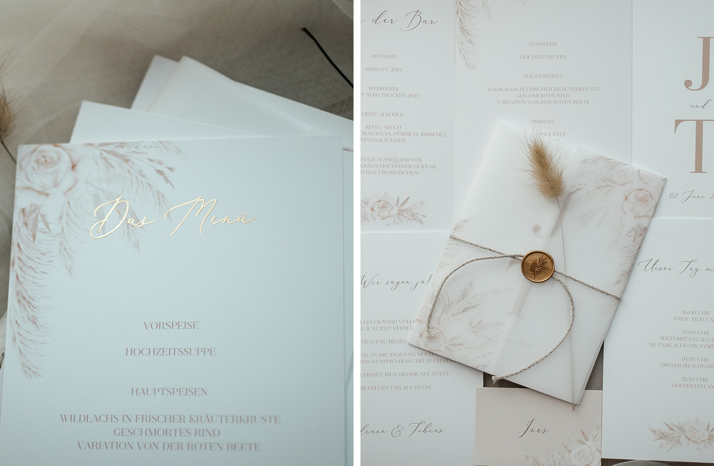Menükarten und Hochzeitseinladungen mit floralem Design.