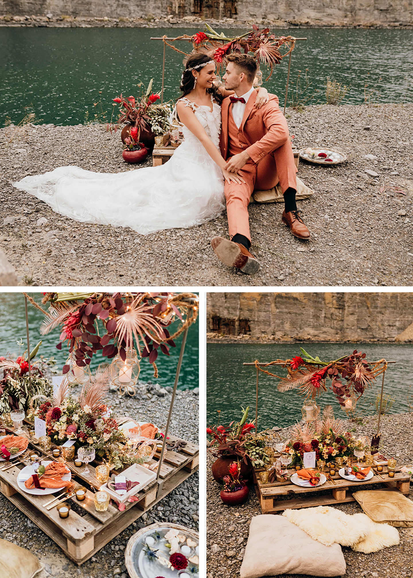 Die Hochzeitstafel und Blumendeko der Hochzeit sowie das auf Kissen sitzende Brautpaar vor dem Wasser im Steinbruch
