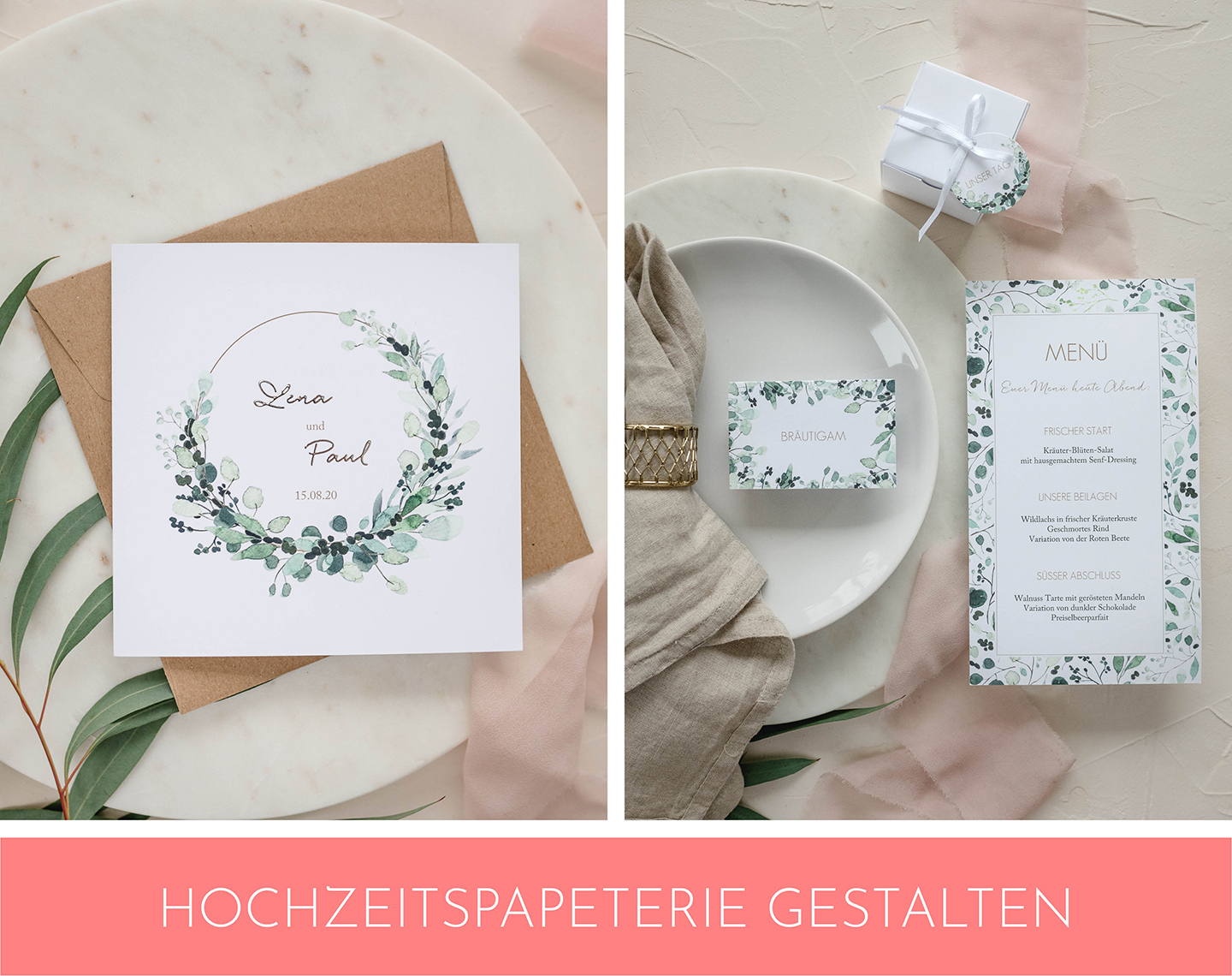 Schlichte Hochzeitspapeterie im Greenery Stil.