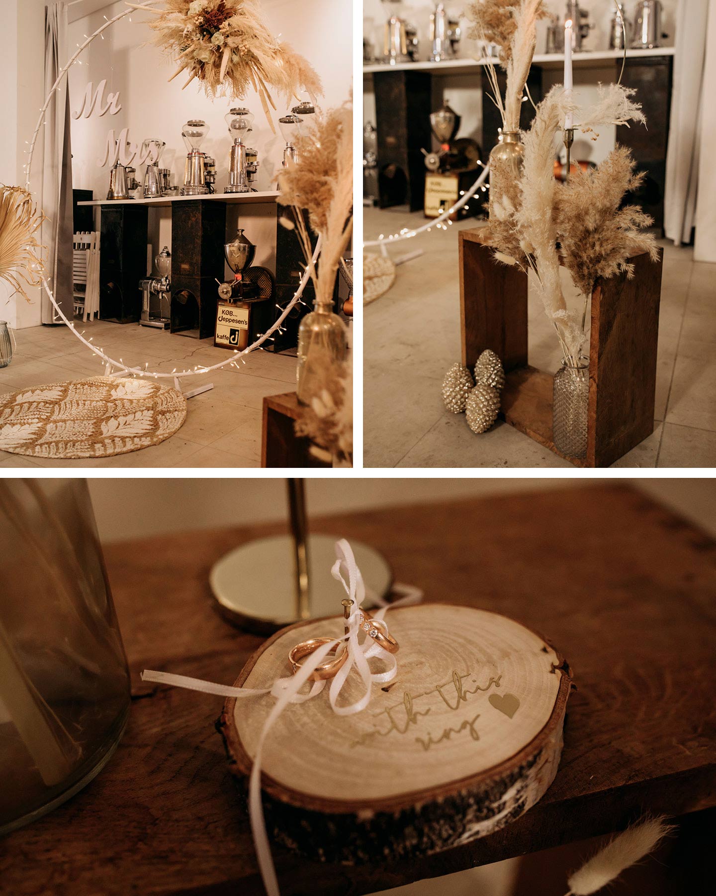 Boho Dekoration für die standesamtliche Hochzeit in der Kaffeerösterei.