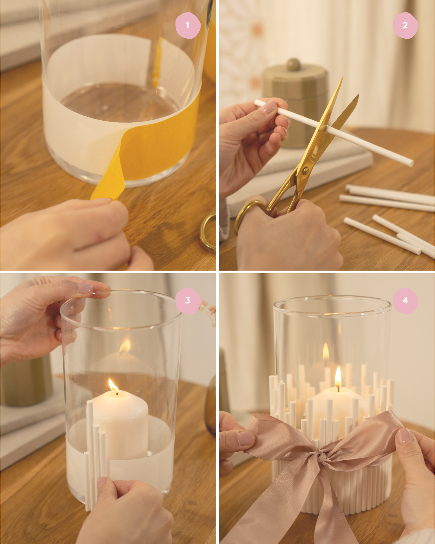 DIY Windlicht mit Strohhalmen und Trockenblumen als DIY Tischdeko zur Hochzeit selber machen. Schritt für Schritt Anleitung zum Nachbasteln.