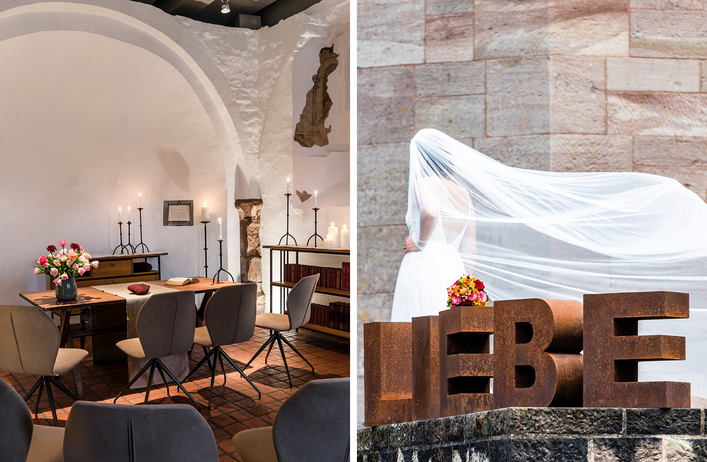 Links Abtskapelle Kloster Hornbach, rechts Braut vorm Hotel, im Vordergrund Skulptur Schriftzug Liebe