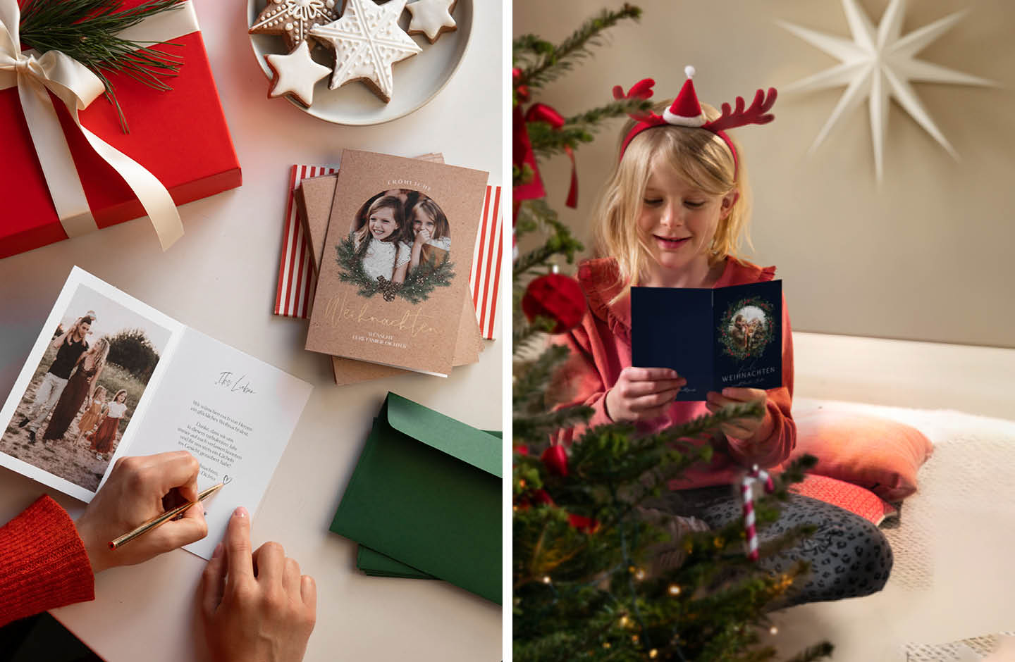 Weihnachtskarten werden beschrieben. Mädchen in rotem Pullover liest Weihnachtskarte.