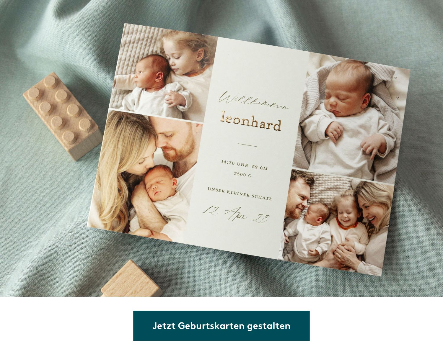 Geburtskarte mit vier Babyfotos