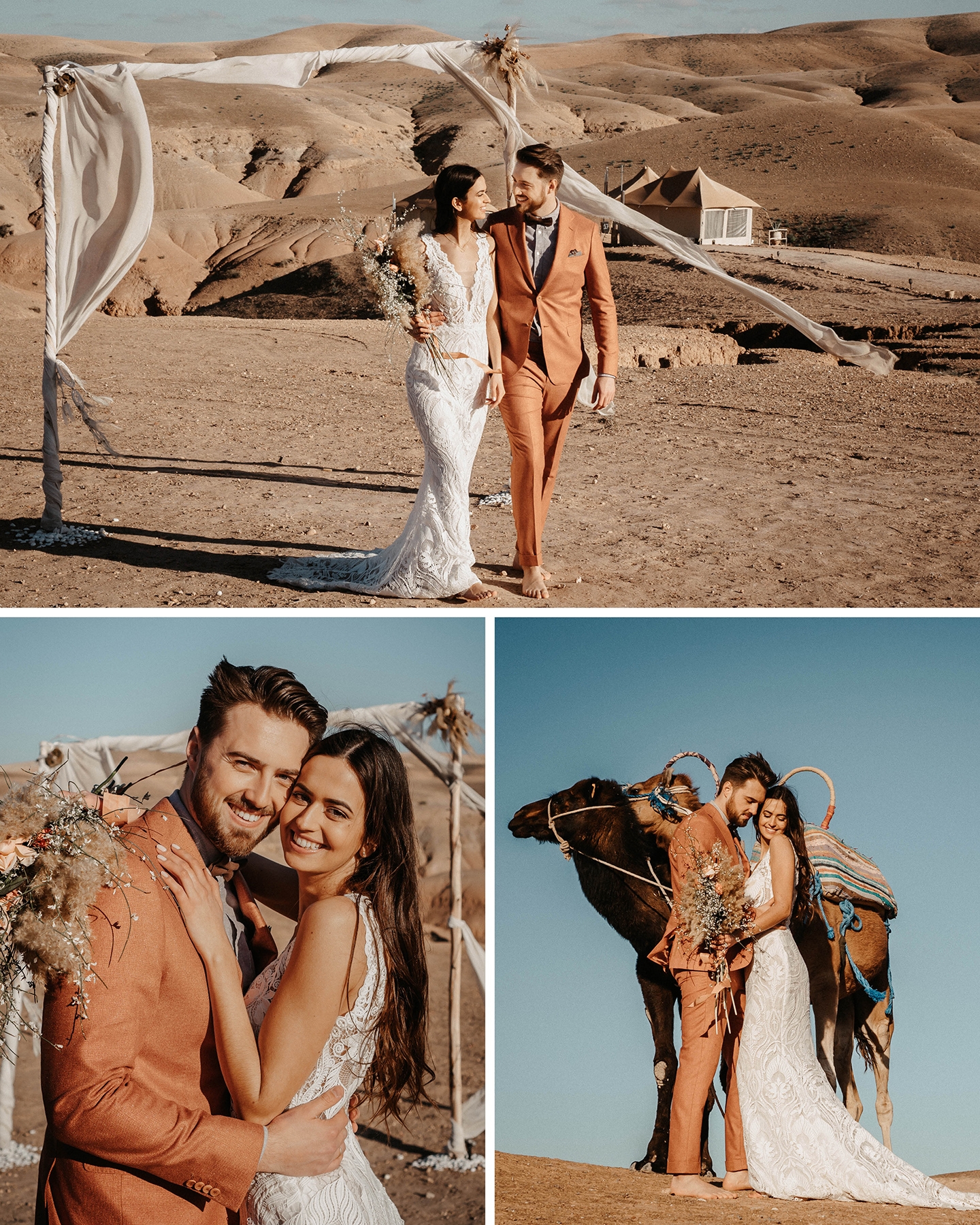 Brautpaar shootet in der Wüste von Marrakesh mit einem Kamel