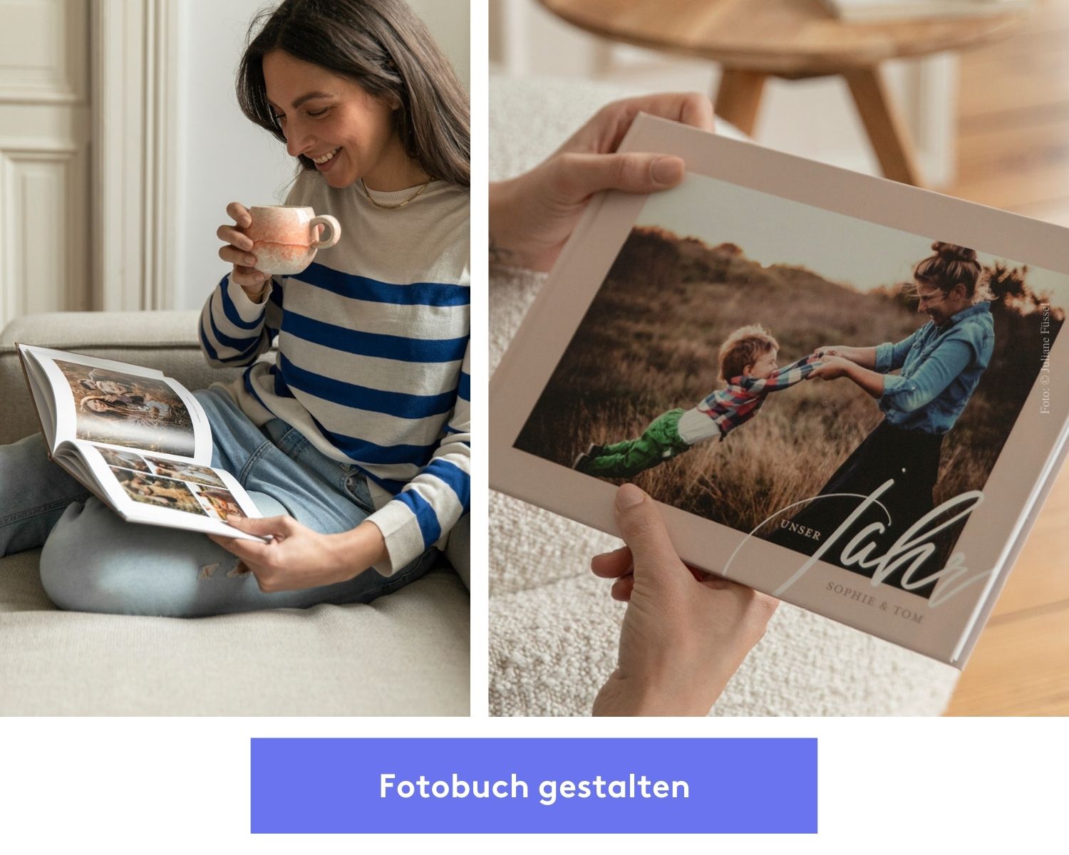 Junge Frau sitzt mit Kaffeetasse in der Hand auf der Couch und schaut sich ein Fotobuch an, rechts eine größere Aufnahme des Fotobuches