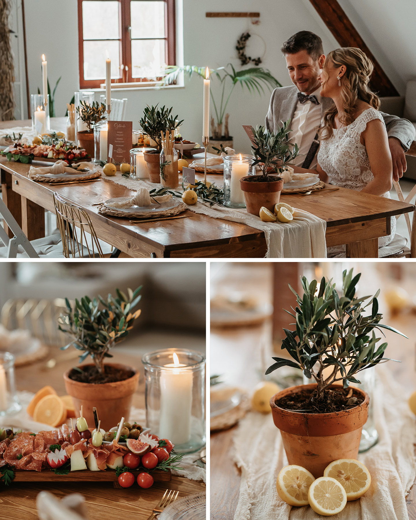 Ein rustikaler Holztisch bildet die Hochzeitstafel. Geschmückt mit einem Läufer aus Leinen, Kerzenständen, kleinen Olivenbäumchen und Windlichtern harmonieren die drei Stile rustikal, boho und greenery optimal miteinander.
