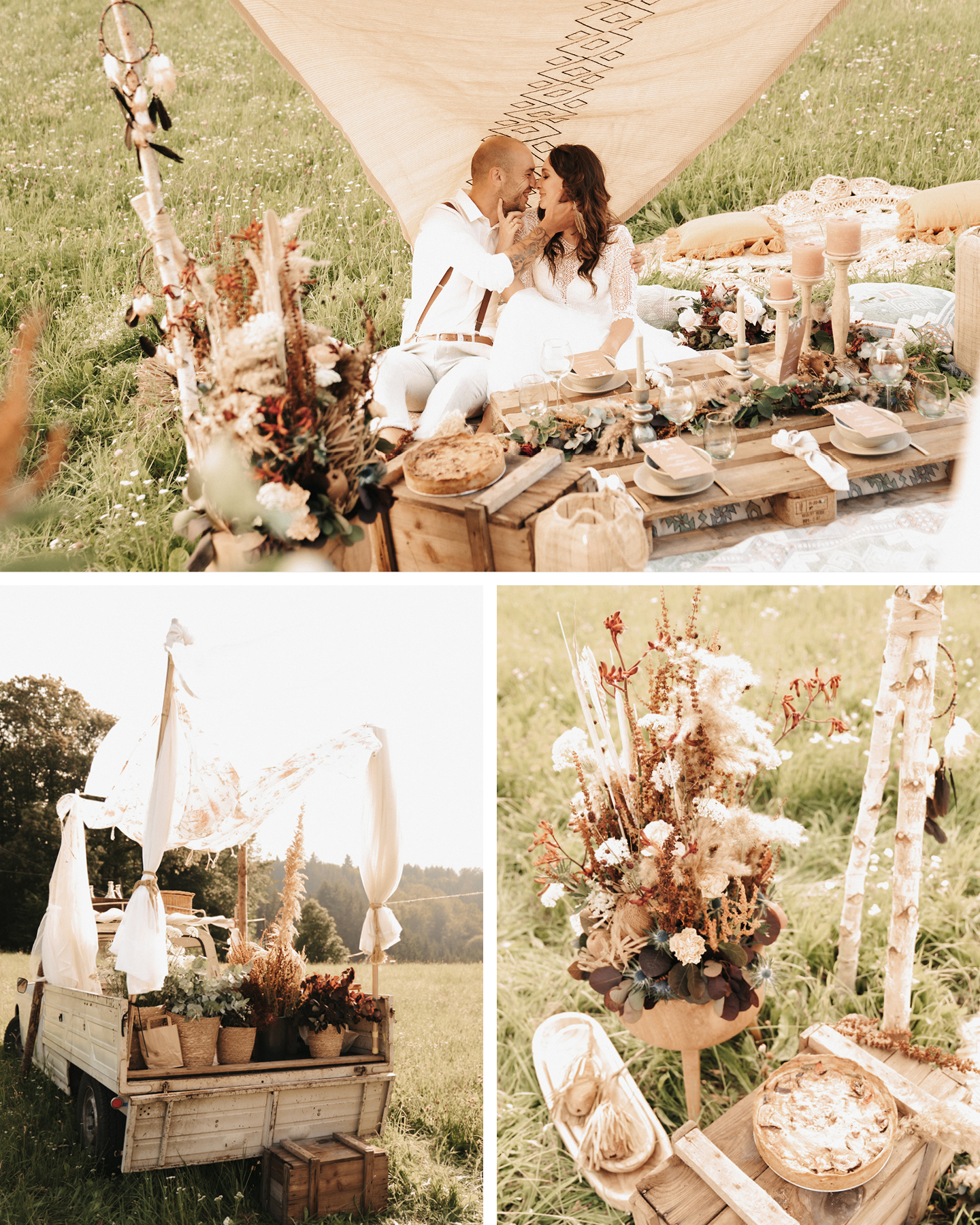 Hochzeitspaar sitzt auf Decke, auf dem Palettentisch ist im Bohemian Look dekoriert für das Boho Picknick.