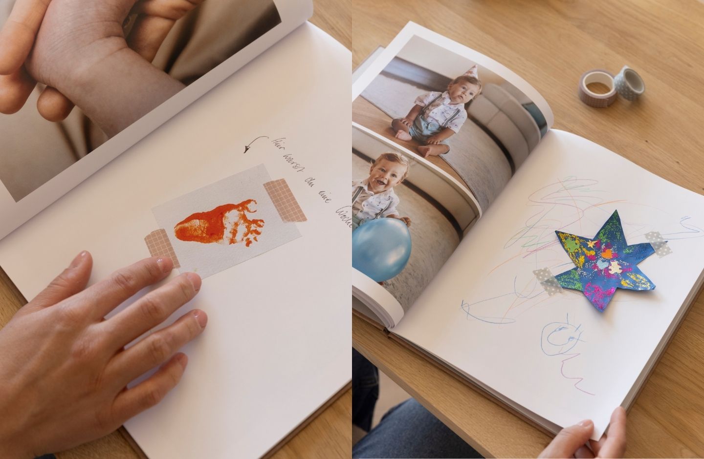 Erinnerungsalbum des Kindes mit Fotos auf der linken Seite und eingeklebten Erinnerungsstücken auf der rechten Seite: erstes gebasteltes Kunstwerk des Kindes, Fußabdruck..