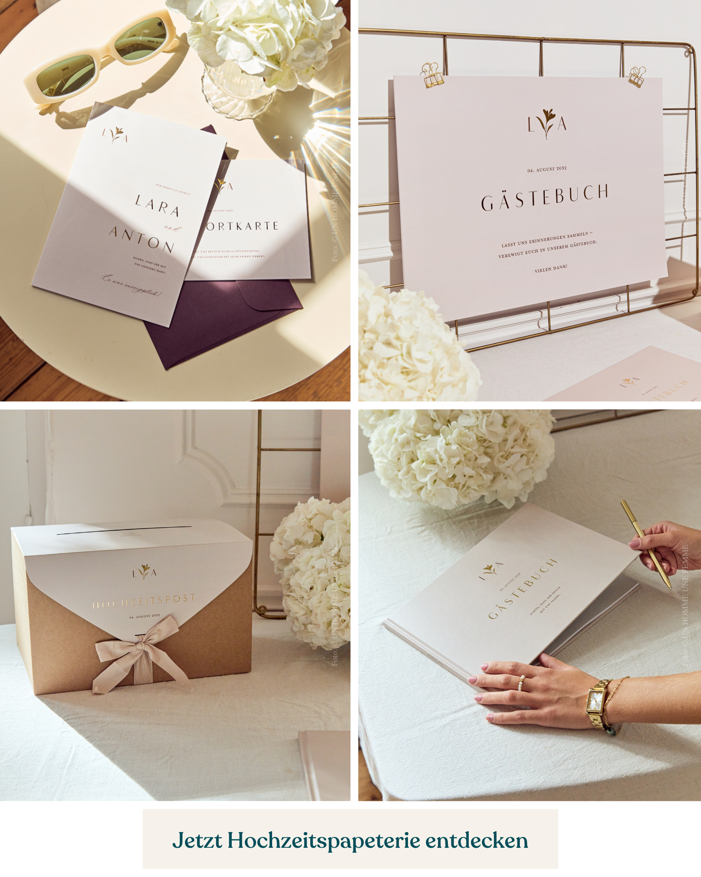 Einladungskarten, Kartenbox und Gästebuch in minimalistischem Design, Collage
