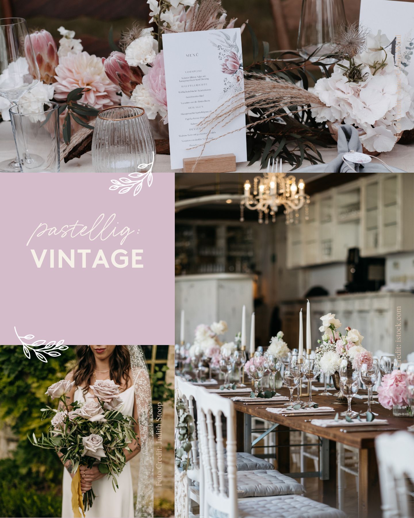 Vintage Hochzeit - Collage Tischdeko und Brautstrauß