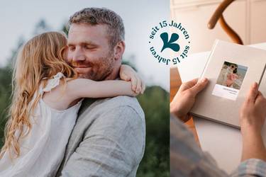 Bildcollage. Linkes Bild: Vater mit Tochter im Arm. Rechtes Bild: Frau hält Notizbuch in der Hand.