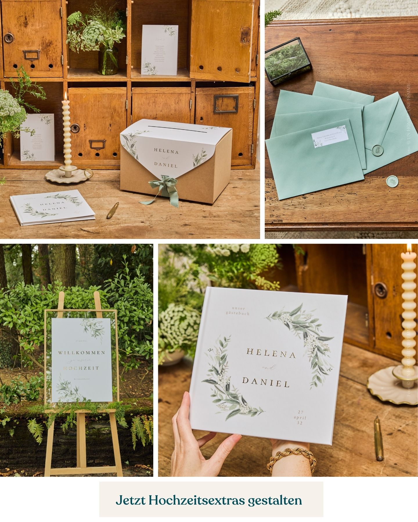Hochzeitspapeterie im Greenery-Stil, Collage